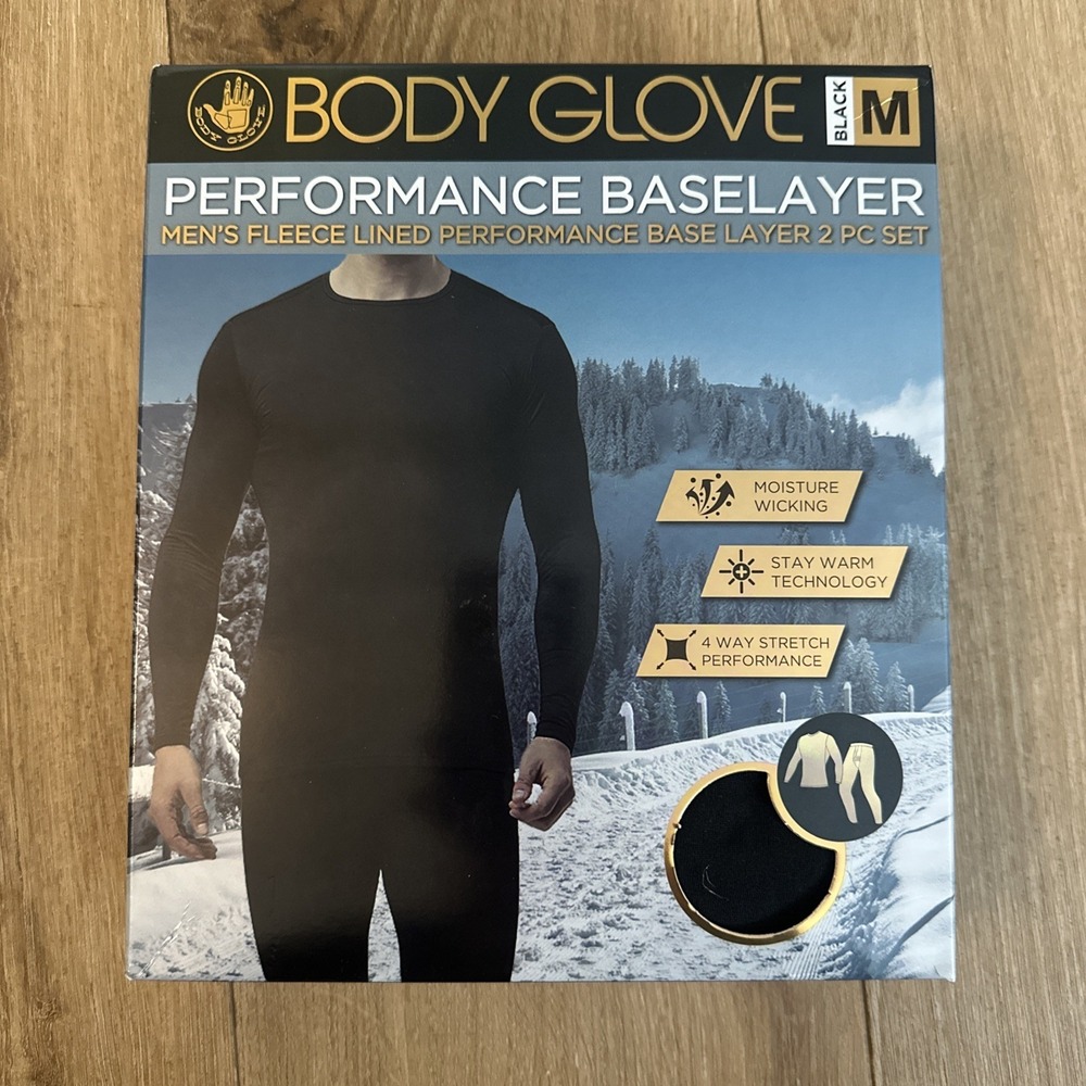 Body Glove Performance Mens Size Medium Black Fleece‎ Lined Base Layer 2 Piece
